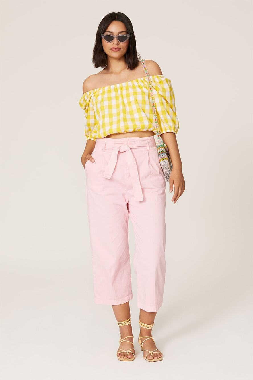 Color Me Courtney Yellow Plaid Kris Crop Short Sleeve Top Women's Size Small